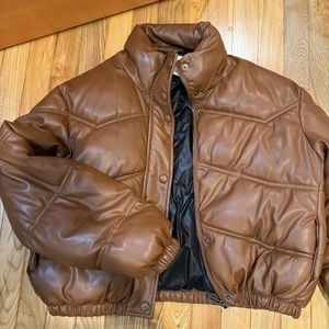 Zara brown faux leather puffer jacket
